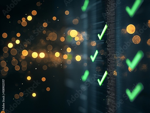 Digital interface with green checks and glowing lights representing successful data processing and verification.