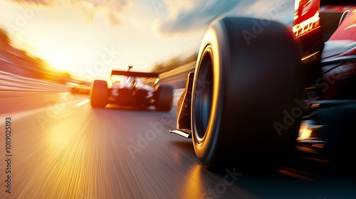 Dynamic racing scene with two race cars speeding toward the sunset, showcasing the thrill of motorsport.