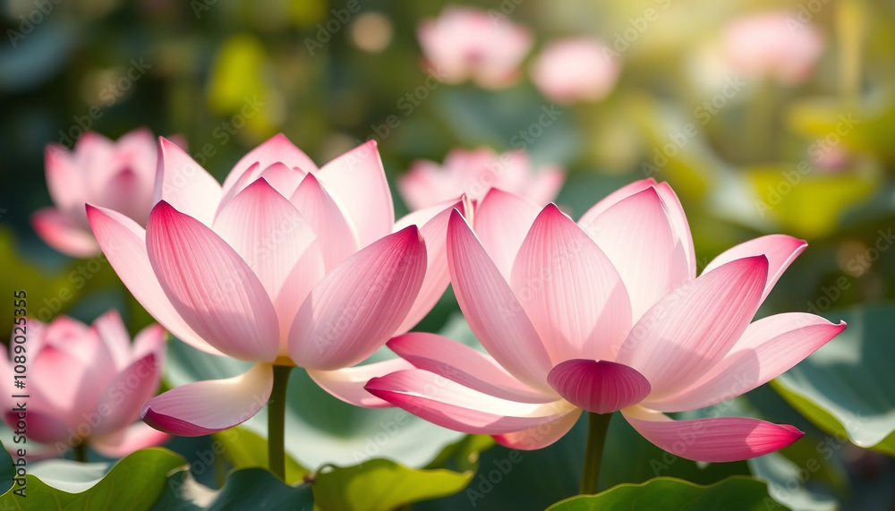 Beautiful Pink Lotus Flowers and Leaves in a Sunlit Pond. Beautiful Pink Lotus Flowers and Leaves in a Sunlit Pond.