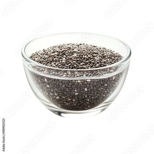 A clear glass bowl filled with nutritious black chia seeds on a white background., isolated on a transparent background.