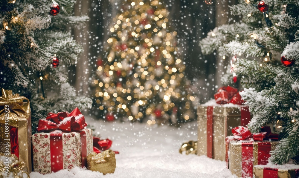 Christmas scene with white snow, pine trees, and presents wrapped in red ribbons and bows. Blurred background. Christmas tree decorated with lights and ornaments. Christmas scene with white snow, pine trees, and presents wrapped in red ribbons and bows. Blurred background. Christmas tree decorated with lights and ornaments.