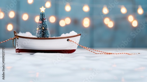 Miniature boat with a Christmas tree and lights.