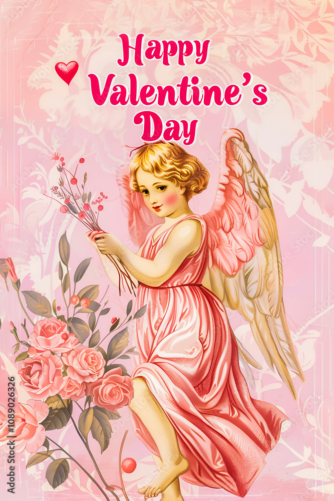 Text Happy Valentines on light pink background with angel Text Happy Valentines on light pink background with angel