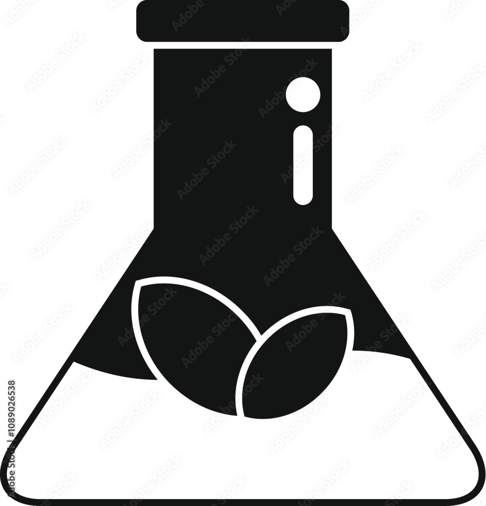 Laboratory flask containing a green leaf symbolizes research and development of eco friendly and sustainable products Laboratory flask containing a green leaf symbolizes research and development of eco friendly and sustainable products