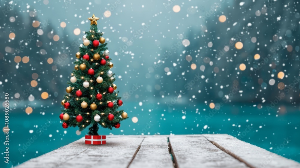 Obraz premium Snowy scene with a decorated Christmas tree.