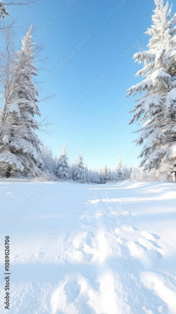Obraz premium A serene winter landscape blanketed in fresh snow, with a clear blue sky overhead and snow-covered trees in the distance, clear