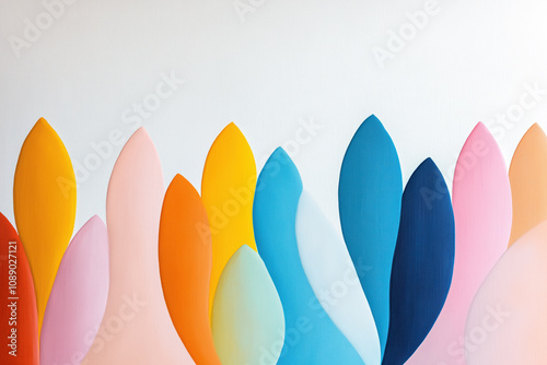 Abstract artwork featuring colorful overlapping petal-like shapes in soft pastel and vibrant hues, set against a clean white background. photo