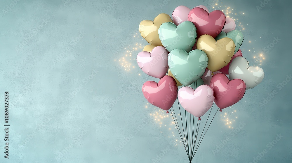 A cluster of colorful heart-shaped balloons against a soft blue background, creating a cheerful and festive atmosphere. A cluster of colorful heart-shaped balloons against a soft blue background, creating a cheerful and festive atmosphere.