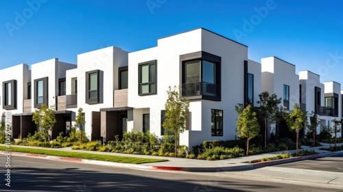 A row of white houses with green trees in front of them. The houses are all the same size and are lined up next to each other