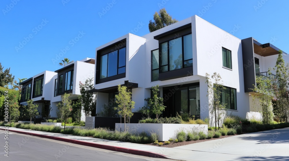 A row of white houses with green trees in front of them. The houses are all the same size and are lined up next to each other A row of white houses with green trees in front of them. The houses are all the same size and are lined up next to each other