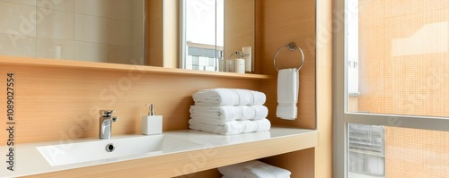 Modern Light-Wood Bathroom Upgrade with Built-In Shelves - Contemporary Design Featuring Airy Space and Natural Light for a Relaxing Retreat