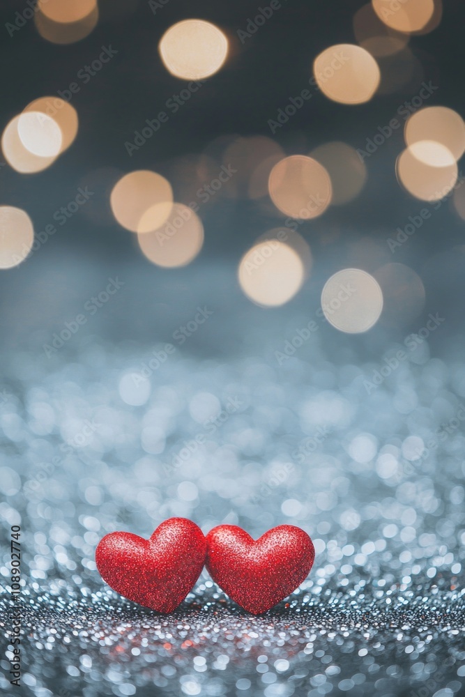 Two red hearts on a glittering background with bokeh lights, a romantic Valentine's Day background, a love concept. Two red hearts on a glittering background with bokeh lights, a romantic Valentine's Day background, a love concept.