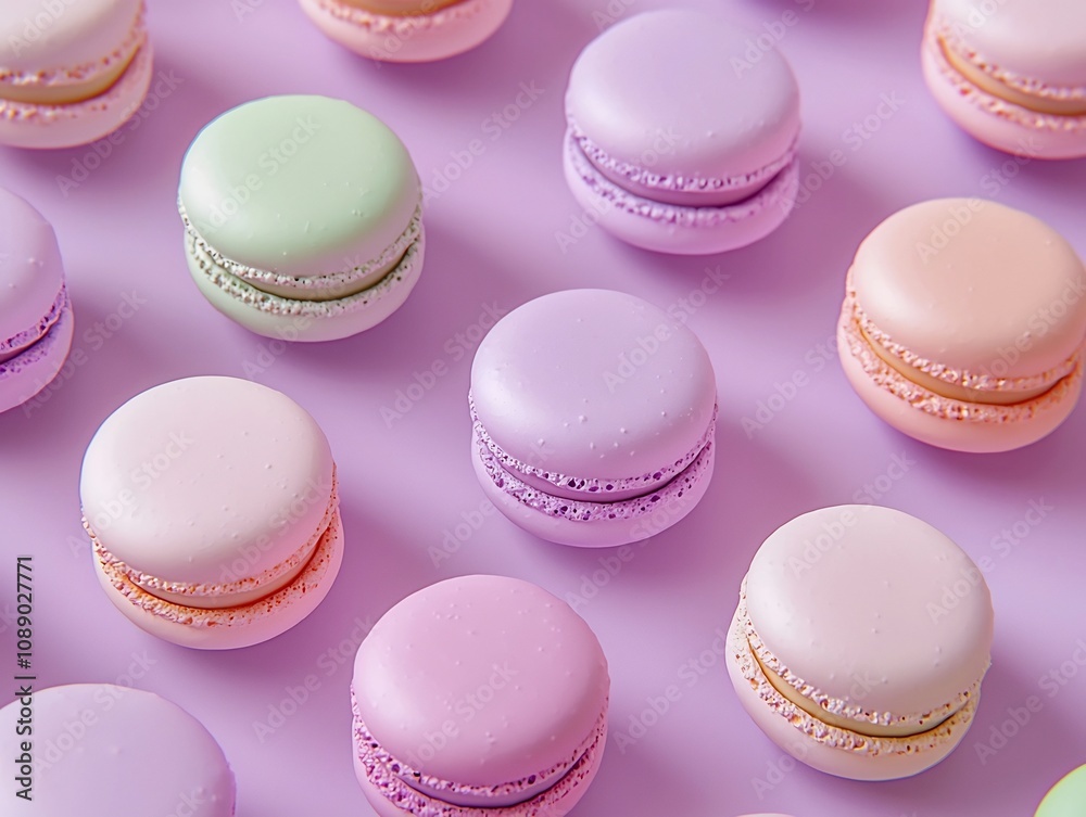 Obraz premium Pastel Colored 3D Mini Macarons in Repeating Pattern on Soft Lavender Background