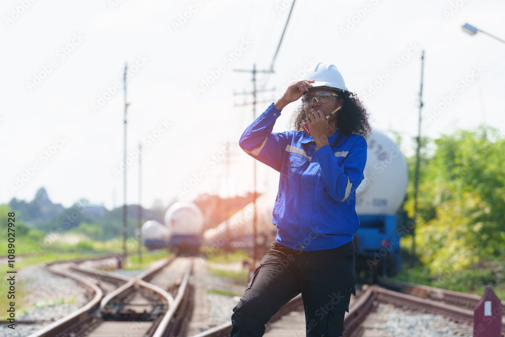 A black female engineer walks the tracks inspecting the readiness of a gas-powered train. A black female engineer walks the tracks inspecting the readiness of a gas-powered train.