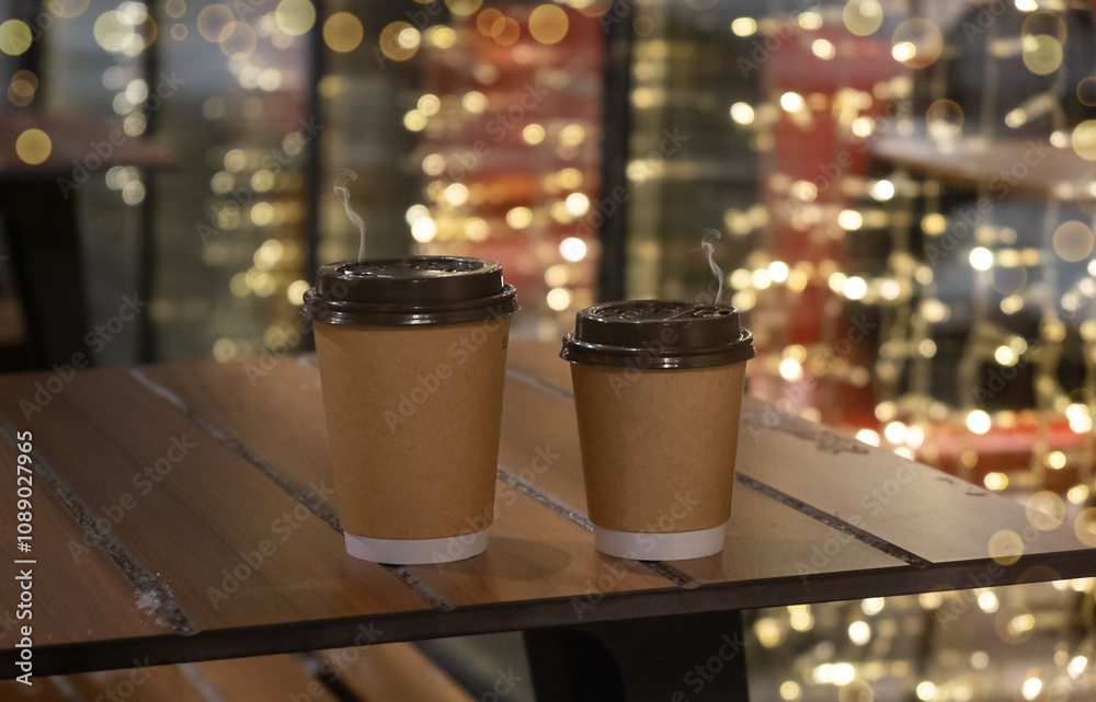 Hot coffee cup on wood table in christmas night party. light bokeh of christmas tree blur background with snow. Hot coffee cup on wood table in christmas night party. light bokeh of christmas tree blur background with snow.