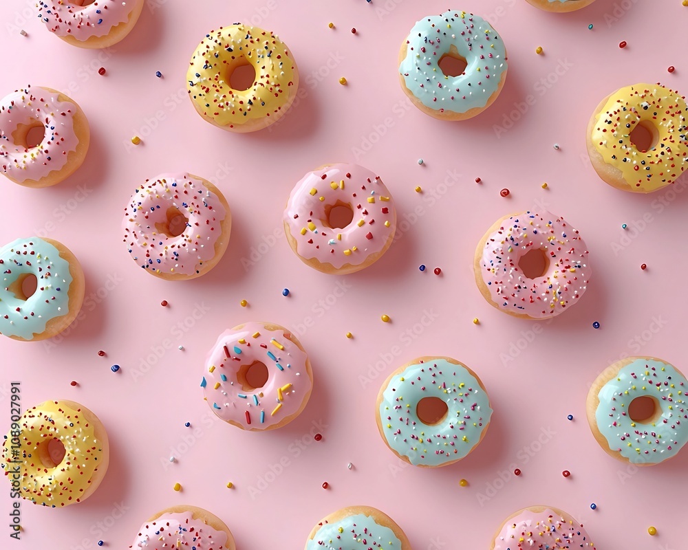 Pastel Colored Mini Donuts with Unique Frosting and Sprinkles Against Soft Pink Background Pastel Colored Mini Donuts with Unique Frosting and Sprinkles Against Soft Pink Background