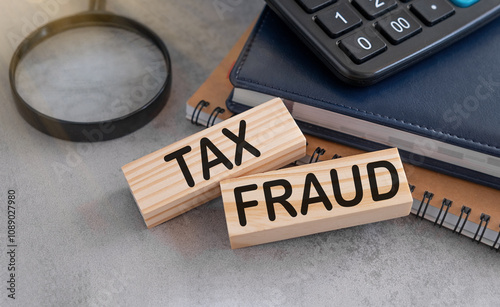 TAX FRAUD text concept written on wooden cubes blocks and notebook photo