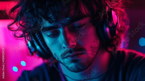 A young man with curly hair is immersed in music through headphones, surrounded by colorful neon lights. His concentrated expression and the deep hues create an energetic atmosphere in the room.