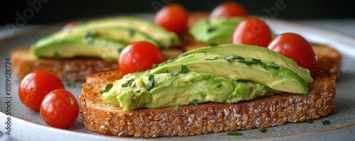 1Whole grain toast topped with smashed avocado and cherry tomatoes, brain-boosting breakfast, simple and healthy photo