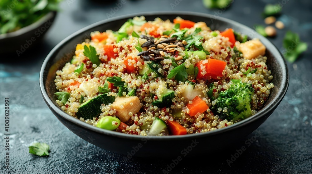 Bowl of quinoa salad with mixed vegetables and a sprinkle of seeds, nutrient-dense brain food, wholesome meal Bowl of quinoa salad with mixed vegetables and a sprinkle of seeds, nutrient-dense brain food, wholesome meal