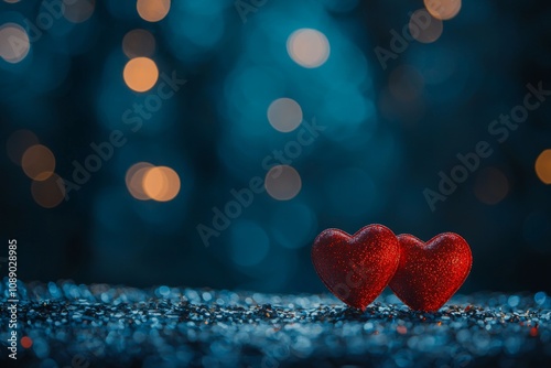Two red hearts on a glittering background with bokeh lights, a romantic Valentine's Day background, a love concept. 