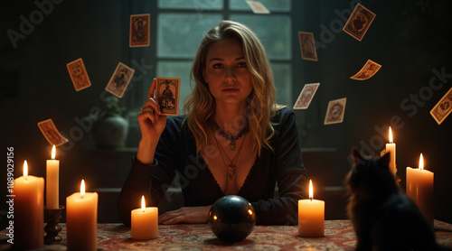 blonde female fortune teller in black clothes sitting at table with many candles, black cat and magic ball, holding tarot card in hand and tarot cards flying in dark room, cinematic light