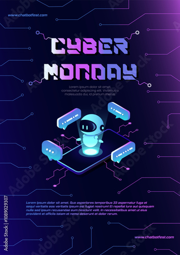Sale banner template. Cyber ​​Monday concept banner in trendy neon style. Chat bot assistant for help with questions