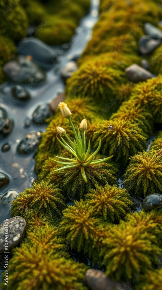 Tiny wildflowers bloom near a small stream nestled among vibrant moss cushions at dawn Tiny wildflowers bloom near a small stream nestled among vibrant moss cushions at dawn