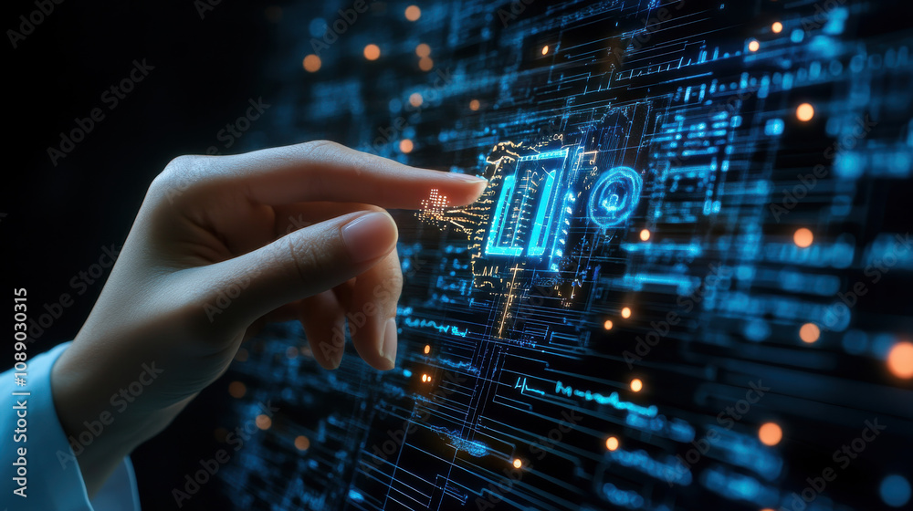 hand interacting with digital interface displaying data and algorithms hand interacting with digital interface displaying data and algorithms