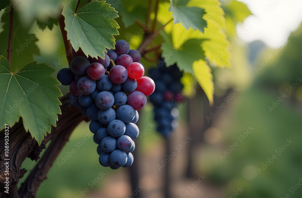 Fototapeta premium Big grape fruit garden, farm, seedlings, plants, sweet fruits. AI Generative