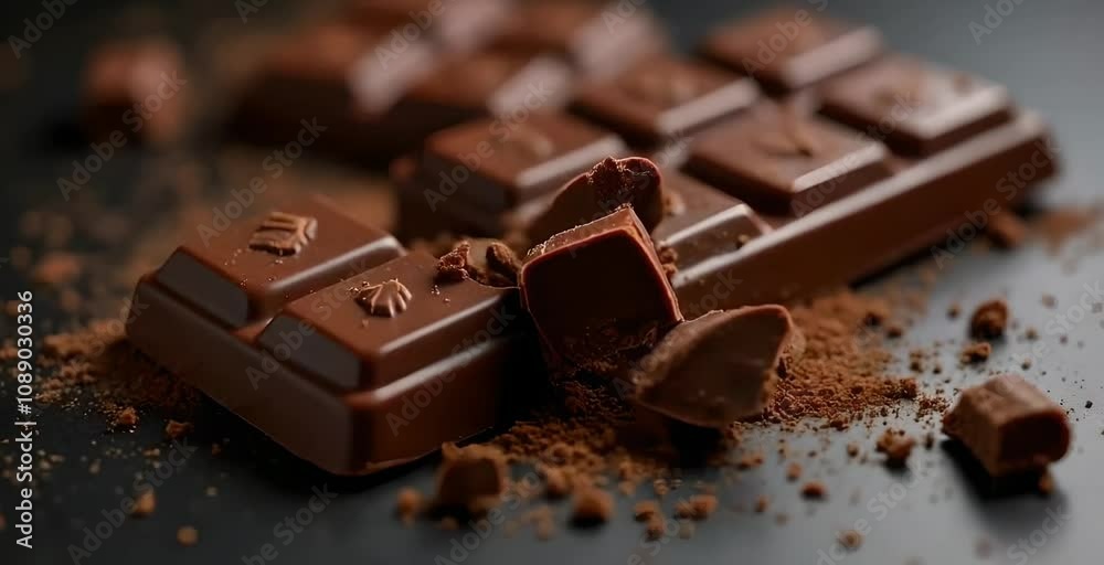 A close-up of a chocolate bar being broken into smaller pieces. The motion captures the clean break, the texture of the chocolate, and a few crumbs scattering on a dark surface. A close-up of a chocolate bar being broken into smaller pieces. The motion captures the clean break, the texture of the chocolate, and a few crumbs scattering on a dark surface.