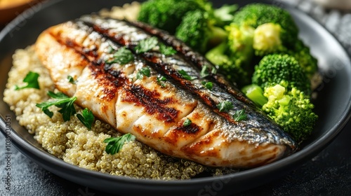 Grilled mackerel with quinoa and steamed broccoli, high in omega-3s, brain health and wellness