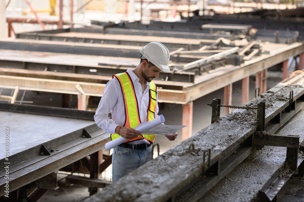 Young engineer wearing a hard hat in a factory inspecting the work on a construction site and pouring cement. Young engineer wearing a hard hat in a factory inspecting the work on a construction site and pouring cement.