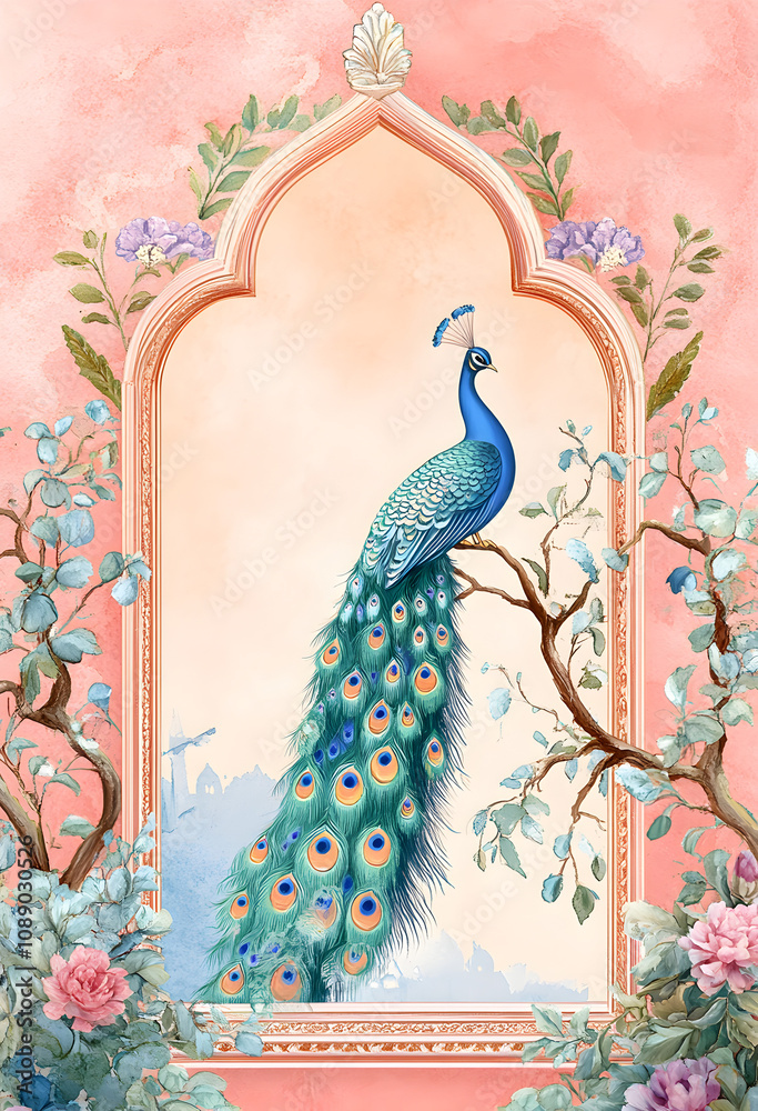 Naklejka premium Mughal garden with peacock and floral border frame.