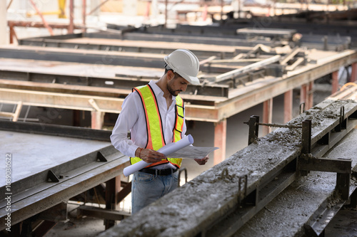 Young engineer wearing a hard hat in a factory inspecting the work on a construction site and pouring cement.