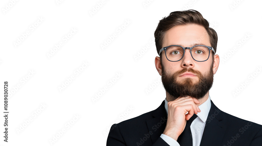 A thoughtful businessman in formal attire, posing confidently. Transparent background. A thoughtful businessman in formal attire, posing confidently. Transparent background.