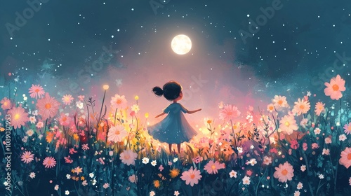 Watercolor  illustration lullaby theme, A serene illustration of a girl in a flower field under a luminous moon, surrounded by vibrant blossoms and a starry sky.