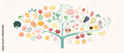 Balanced Nutrition Guide drawn as a creative flowchart linking essential nutrients to their food sources, in a calm pastel color scheme.