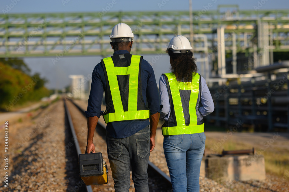Male and female engineers check the drawing system inspection with the real pipe system of the new construction project, engine engineer, Sysetm cooling machine, compared to drawing design. Male and female engineers check the drawing system inspection with the real pipe system of the new construction project, engine engineer, Sysetm cooling machine, compared to drawing design.