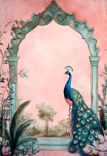 Mughal garden with peacock and floral border frame.