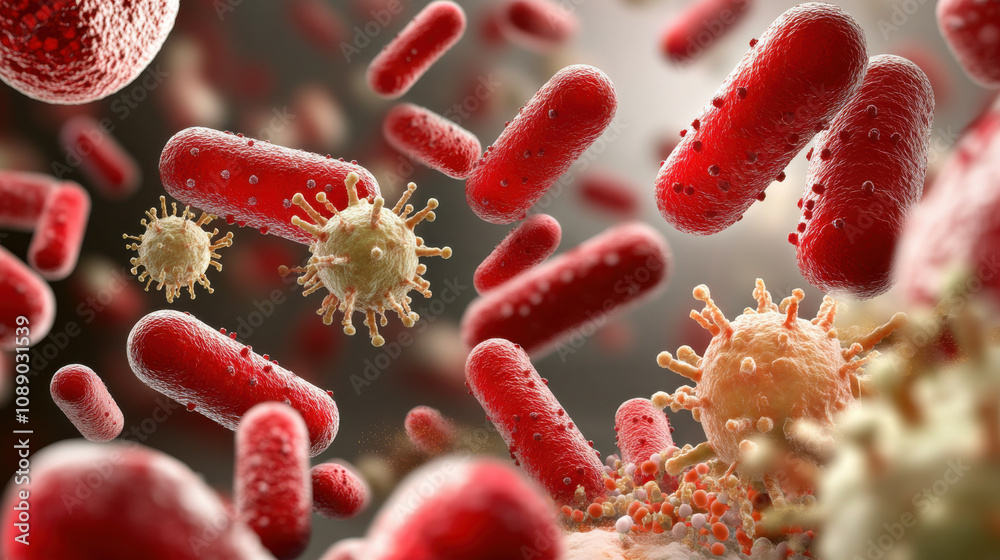 Naklejka premium Red bacteria and viruses in microscopic view, showcasing microbial life