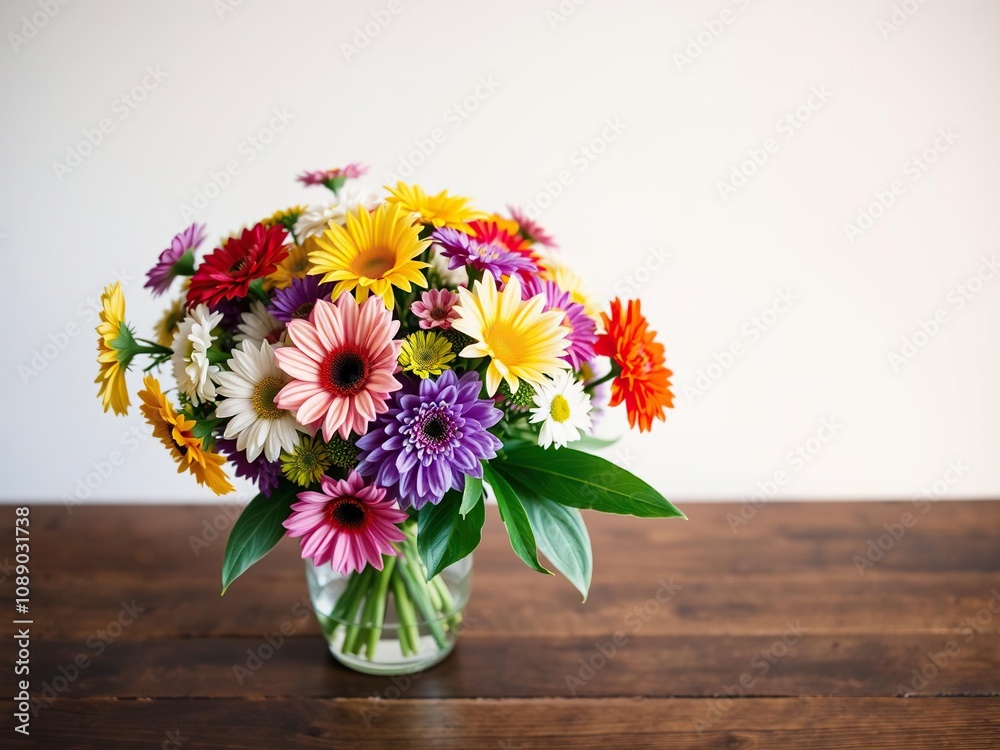 Colorful flower bouquet with a vase on a wooden table, design, bedroom, dining room Colorful flower bouquet with a vase on a wooden table, design, bedroom, dining room
