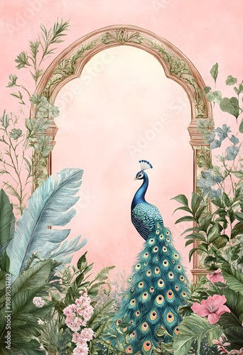 Mughal garden with peacock and floral border frame.