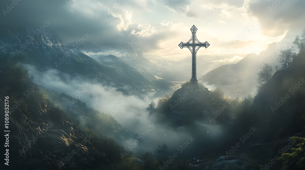 Naklejka premium rustic iron cross rising prominently over tranquil valley, surrounded by misty mountains