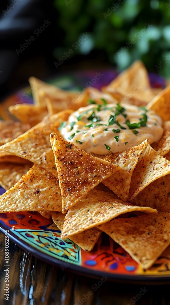 A vibrant plate of nachos topped with creamy sauce and herbs, perfect for sharing. A vibrant plate of nachos topped with creamy sauce and herbs, perfect for sharing.