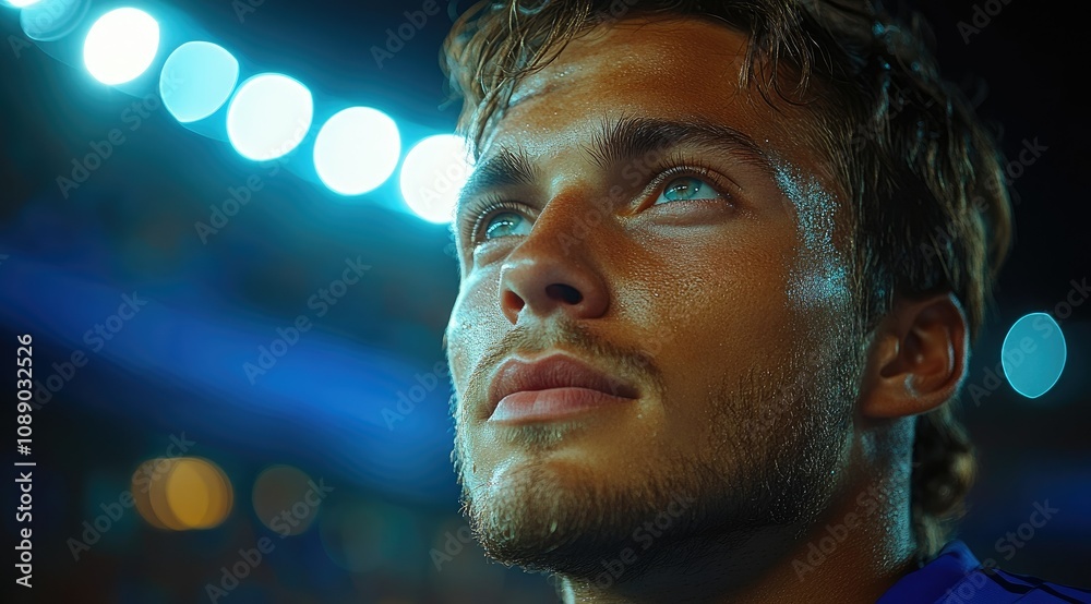 Close-up portrait of a sweaty young man with blue eyes looking upward, illuminated by stadium lights. Close-up portrait of a sweaty young man with blue eyes looking upward, illuminated by stadium lights.