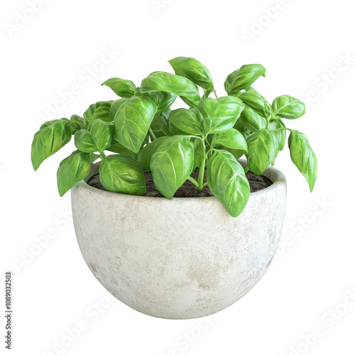 A vibrant basil plant in a textured concrete pot, perfect for kitchens and gardens.