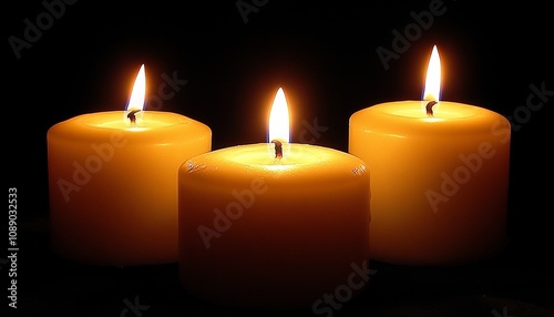 Three Glowing Candles Illuminate the Dark, Creating a Serene Ambiance for Holidays or Relaxation.