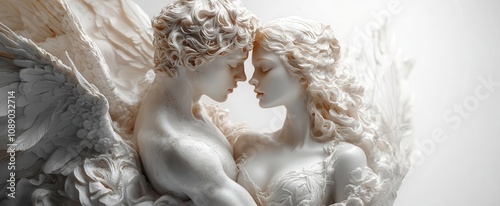 classic marble sculpture of cupid and psyche intertwined showcasing intricate details and flowing expressions set against a stark white backdrop emphasizing their ethereal connection