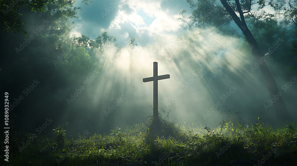 Naklejka premium serene scene of cross standing tall in ancient forest, illuminated by soft rays of light